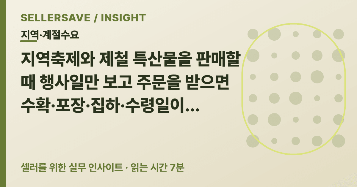 지역축제·제철 특산물 판매 시기 정하는 법: 오픈일·마감일을 배송에서 역산하세요 — 지역·계절수요 SellerSave 인사이트 에디토리얼 커버
